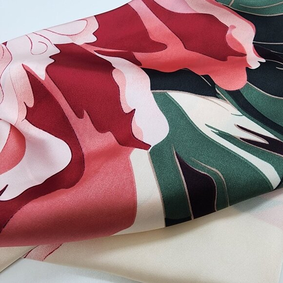 ✨Large Floral Soft Scarf Square Silky Head Neck Wrap Green Pink Flower Accessory - Picture 2 of 4